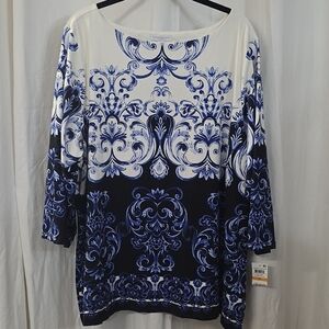 Charter Club 3X Ponte Knit Boat Neck Blue White Baroque 3/4 Sleeve Blouse Top